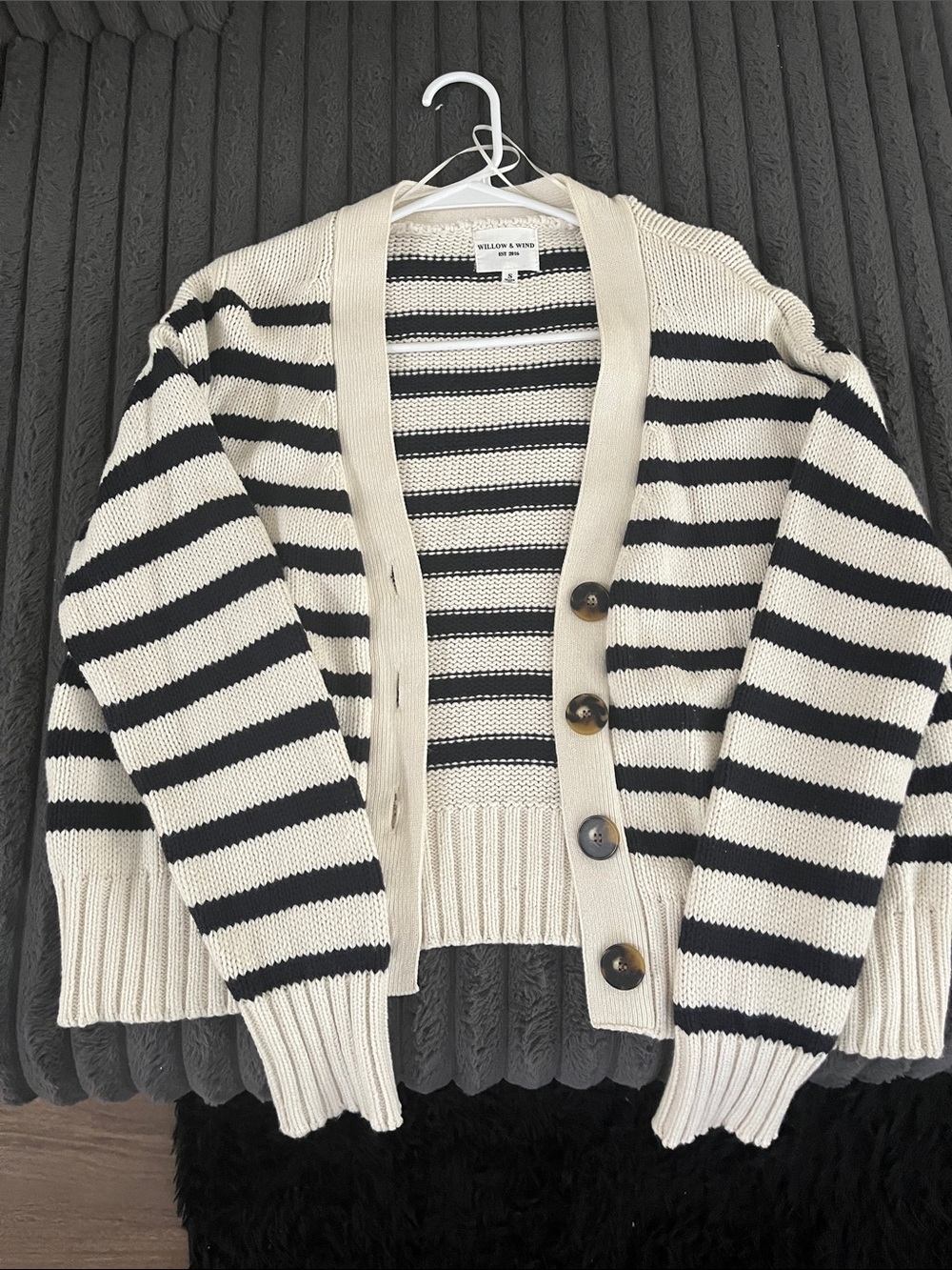 WILLOW & WIND Black and Cream Striped Cotton Cardigan Sweater